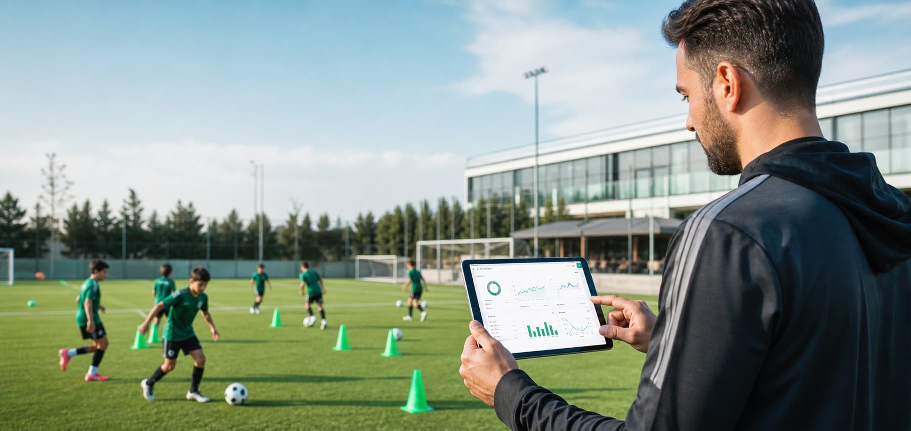 Spor akademisi antrenmanında tablet kullanan koç